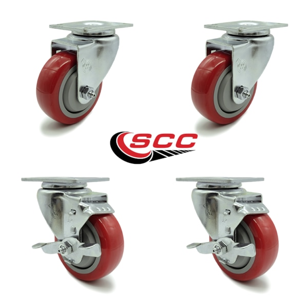 3.5 Inch Red Polyurethane Wheel Swivel Top Plate Caster Set with 2 Brakes SCC